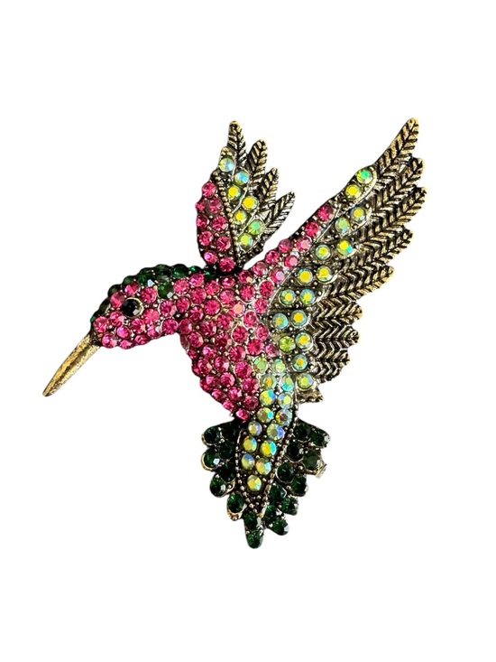 Vintage Jewelry - Hummingbird Brooch Pink Green Rhinestone AB Crystal Pin